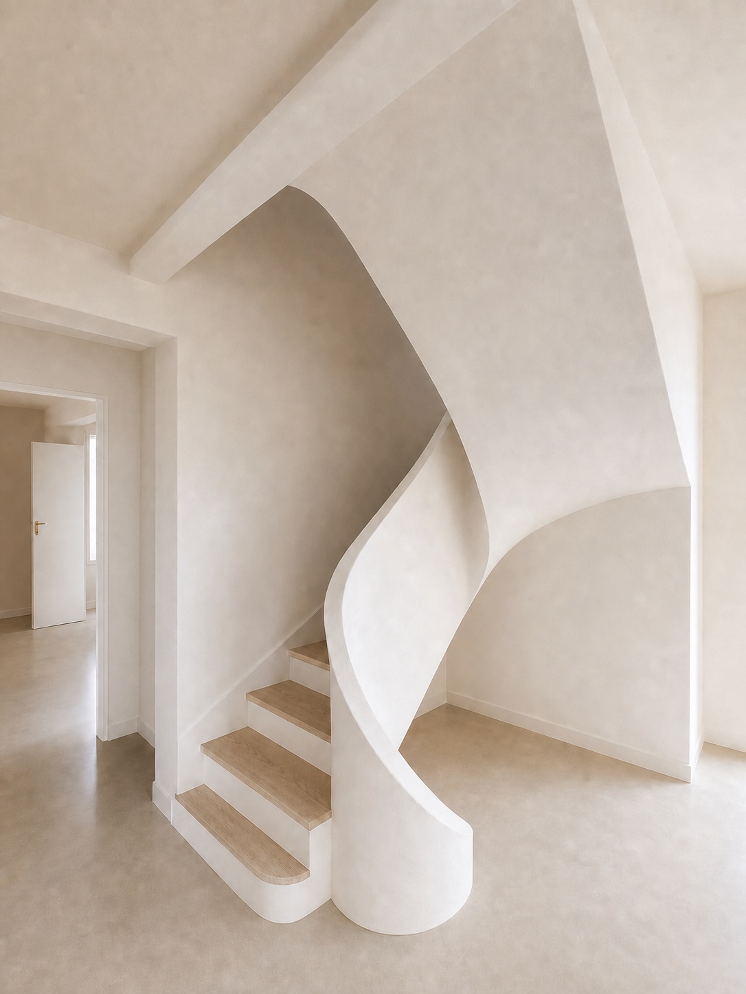 Escalier hélicoïdal en plâtre, limon continu